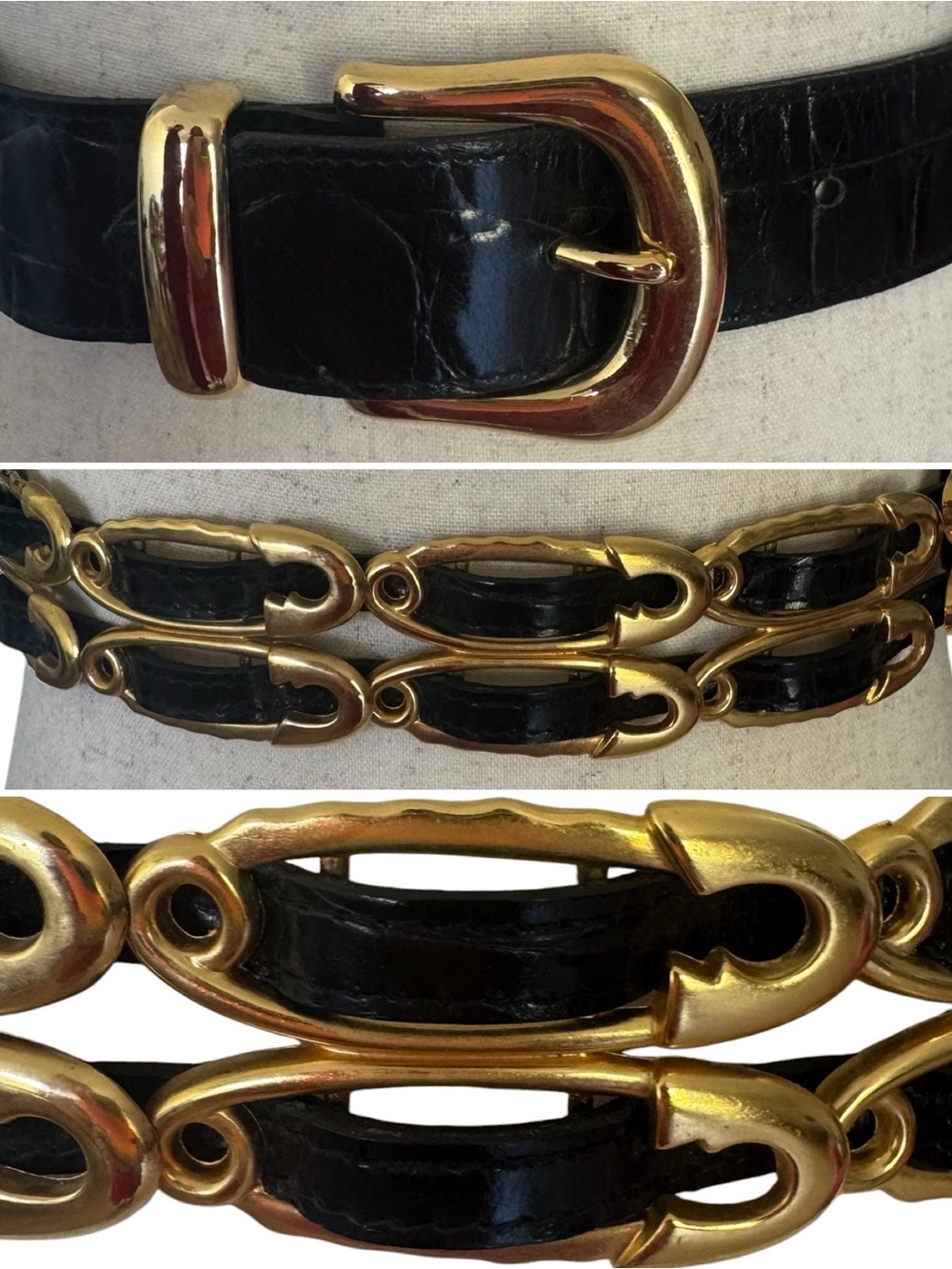 Vintage 90s Avignon Black Croc Embossed Leather Belt with Gold Safety Pin Design